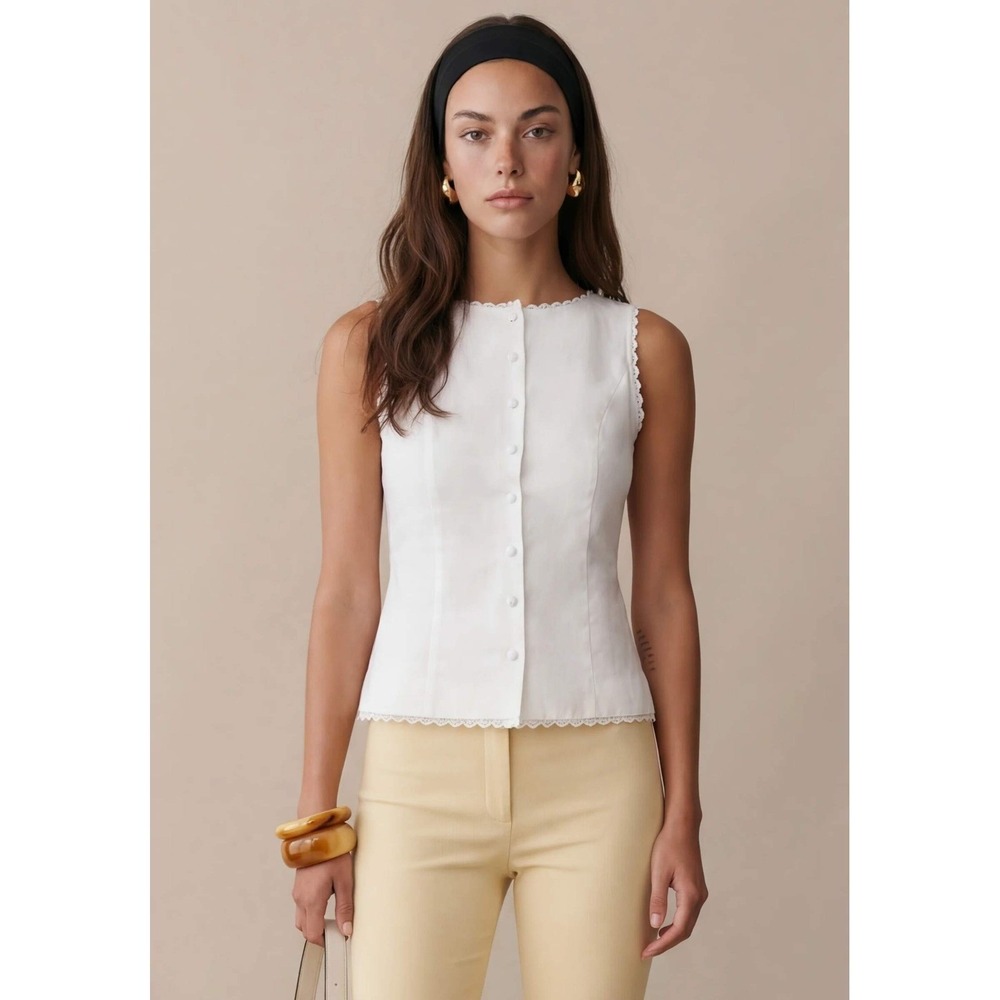NWT Kourt Micah Linen Cotton Lace Trim Top in White - Size 6